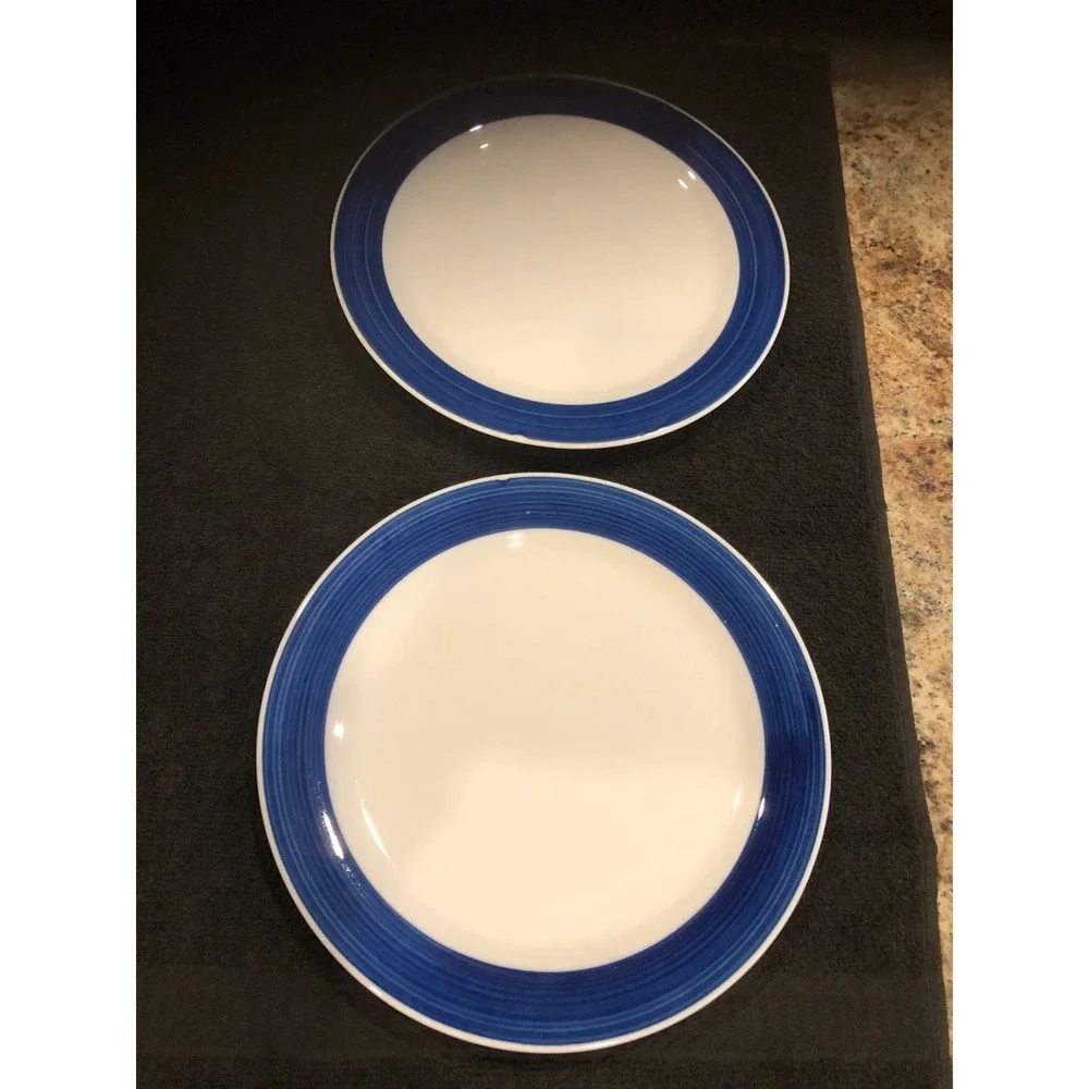 2 -Gibson Everyday Dinner Plates White with Cobalt Blue Band/Trim 9.75